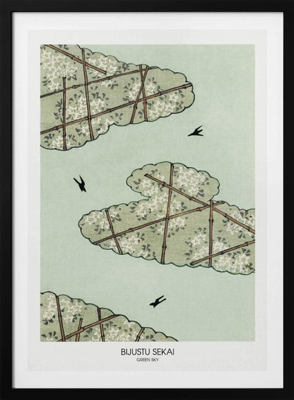 A Japanese woodblock style print titled 'Bijustu Sekai Green Sky'. It features three stylized green, cloud-like treetops filled with white blossoms against a pale mint green sky. The treetops are crisscrossed with brown bamboo trellises. Three black birds are seen flying in the open sky. Wall Art