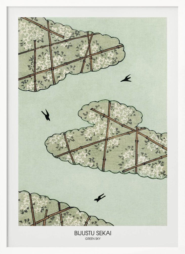 A Japanese woodblock style print titled 'Bijustu Sekai Green Sky'. It features three stylized green, cloud-like treetops filled with white blossoms against a pale mint green sky. The treetops are crisscrossed with brown bamboo trellises. Three black birds are seen flying in the open sky. Wall Art