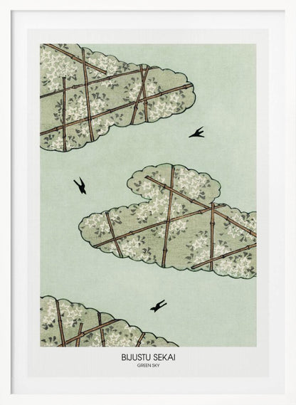 A Japanese woodblock style print titled 'Bijustu Sekai Green Sky'. It features three stylized green, cloud-like treetops filled with white blossoms against a pale mint green sky. The treetops are crisscrossed with brown bamboo trellises. Three black birds are seen flying in the open sky. Wall Art