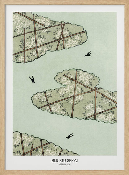 A Japanese woodblock style print titled 'Bijustu Sekai Green Sky'. It features three stylized green, cloud-like treetops filled with white blossoms against a pale mint green sky. The treetops are crisscrossed with brown bamboo trellises. Three black birds are seen flying in the open sky. Wall Art