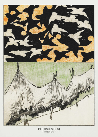 A Japanese woodblock style print titled 'Bijutsu Sekai, Forest Life'. The artwork is split into two panels: the top shows a black sky with an orange pattern, filled with silhouettes of black and white birds in flight. The bottom panel illustrates a stylized landscape of grassy hills in green, white, and black ink. Decor