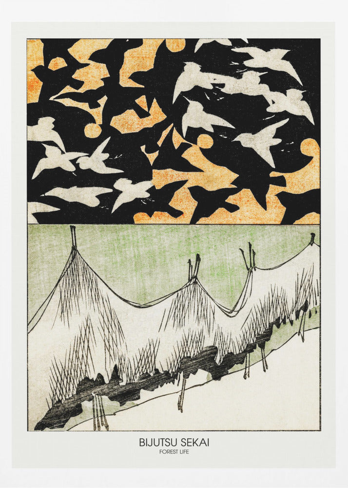 A Japanese woodblock style print titled 'Bijutsu Sekai, Forest Life'. The artwork is split into two panels: the top shows a black sky with an orange pattern, filled with silhouettes of black and white birds in flight. The bottom panel illustrates a stylized landscape of grassy hills in green, white, and black ink. Decor