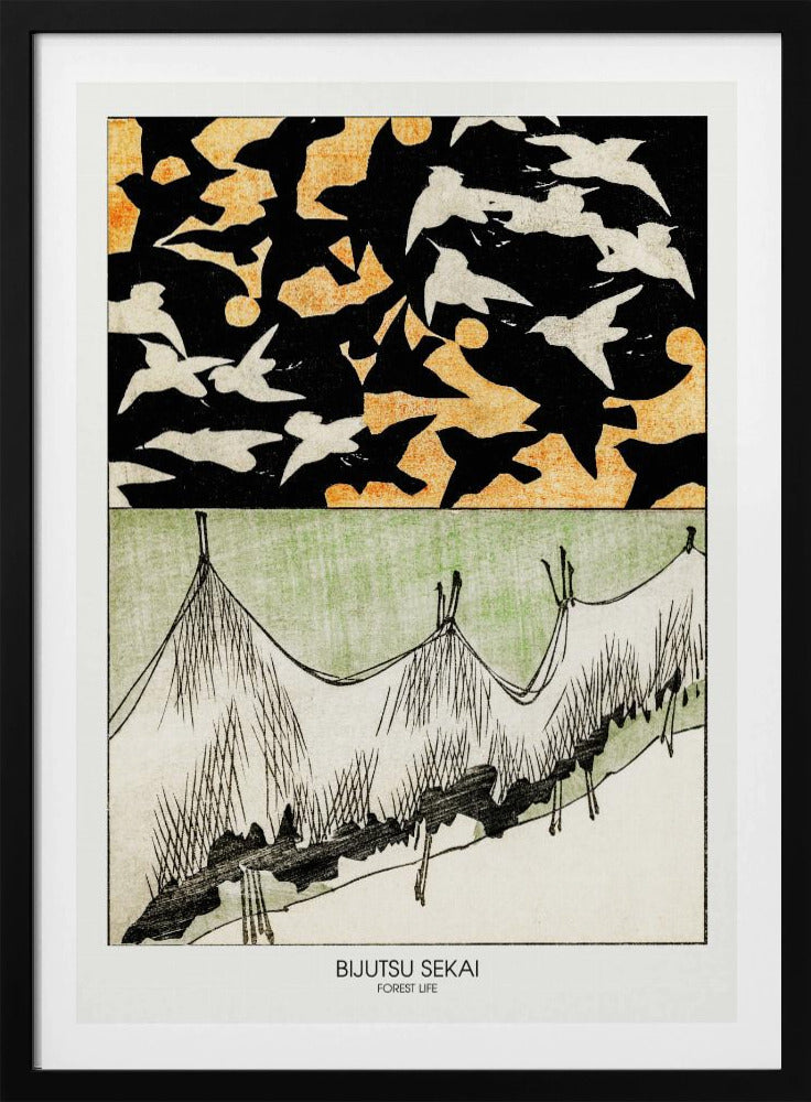 A Japanese woodblock style print titled 'Bijutsu Sekai, Forest Life'. The artwork is split into two panels: the top shows a black sky with an orange pattern, filled with silhouettes of black and white birds in flight. The bottom panel illustrates a stylized landscape of grassy hills in green, white, and black ink. Decor