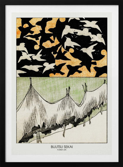 A Japanese woodblock style print titled 'Bijutsu Sekai, Forest Life'. The artwork is split into two panels: the top shows a black sky with an orange pattern, filled with silhouettes of black and white birds in flight. The bottom panel illustrates a stylized landscape of grassy hills in green, white, and black ink. Decor