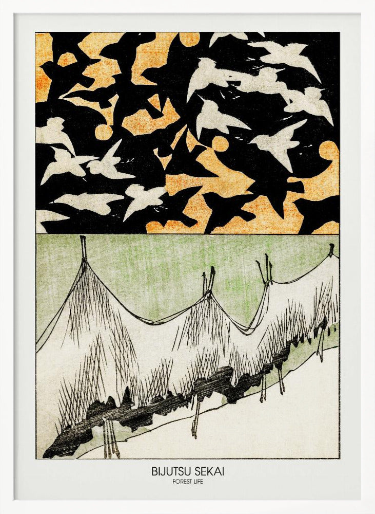 A Japanese woodblock style print titled 'Bijutsu Sekai, Forest Life'. The artwork is split into two panels: the top shows a black sky with an orange pattern, filled with silhouettes of black and white birds in flight. The bottom panel illustrates a stylized landscape of grassy hills in green, white, and black ink. Decor