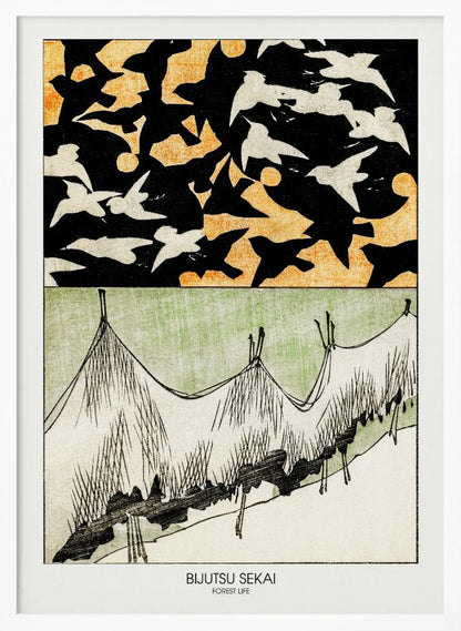 A Japanese woodblock style print titled 'Bijutsu Sekai, Forest Life'. The artwork is split into two panels: the top shows a black sky with an orange pattern, filled with silhouettes of black and white birds in flight. The bottom panel illustrates a stylized landscape of grassy hills in green, white, and black ink. Decor