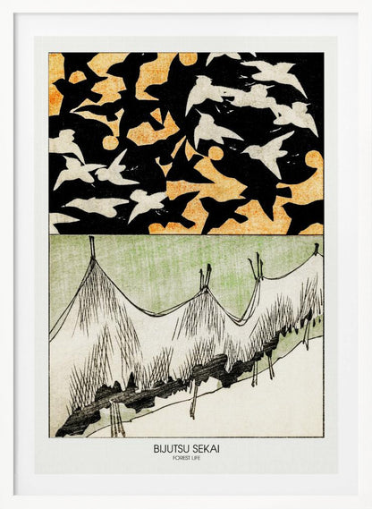 A Japanese woodblock style print titled 'Bijutsu Sekai, Forest Life'. The artwork is split into two panels: the top shows a black sky with an orange pattern, filled with silhouettes of black and white birds in flight. The bottom panel illustrates a stylized landscape of grassy hills in green, white, and black ink. Decor