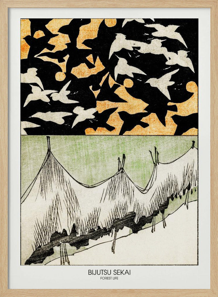 A Japanese woodblock style print titled 'Bijutsu Sekai, Forest Life'. The artwork is split into two panels: the top shows a black sky with an orange pattern, filled with silhouettes of black and white birds in flight. The bottom panel illustrates a stylized landscape of grassy hills in green, white, and black ink. Decor