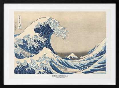 A framed print of Katsushika Hokusai's famous woodblock artwork, 'The Great Wave off Kanagawa,' featuring a giant, turbulent blue wave with white foam cresting over small boats, with Mount Fuji visible in the background under a muted sky. Wall Art