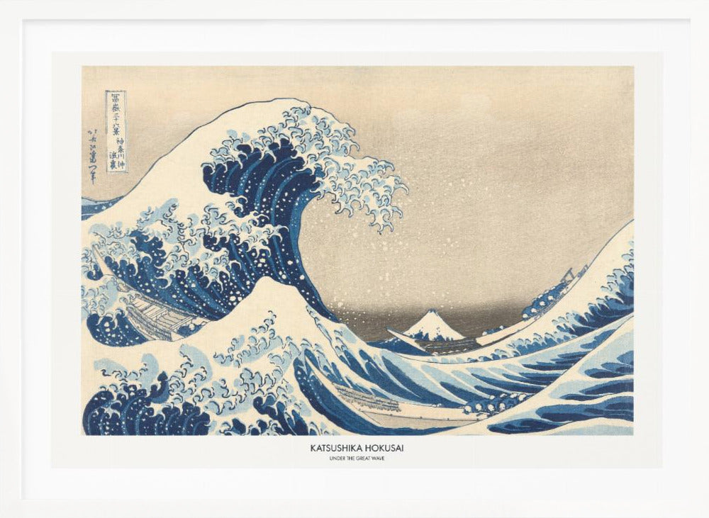 A framed print of Katsushika Hokusai's famous woodblock artwork, 'The Great Wave off Kanagawa,' featuring a giant, turbulent blue wave with white foam cresting over small boats, with Mount Fuji visible in the background under a muted sky. Wall Art
