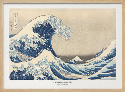 A framed print of Katsushika Hokusai's famous woodblock artwork, 'The Great Wave off Kanagawa,' featuring a giant, turbulent blue wave with white foam cresting over small boats, with Mount Fuji visible in the background under a muted sky. Wall Art