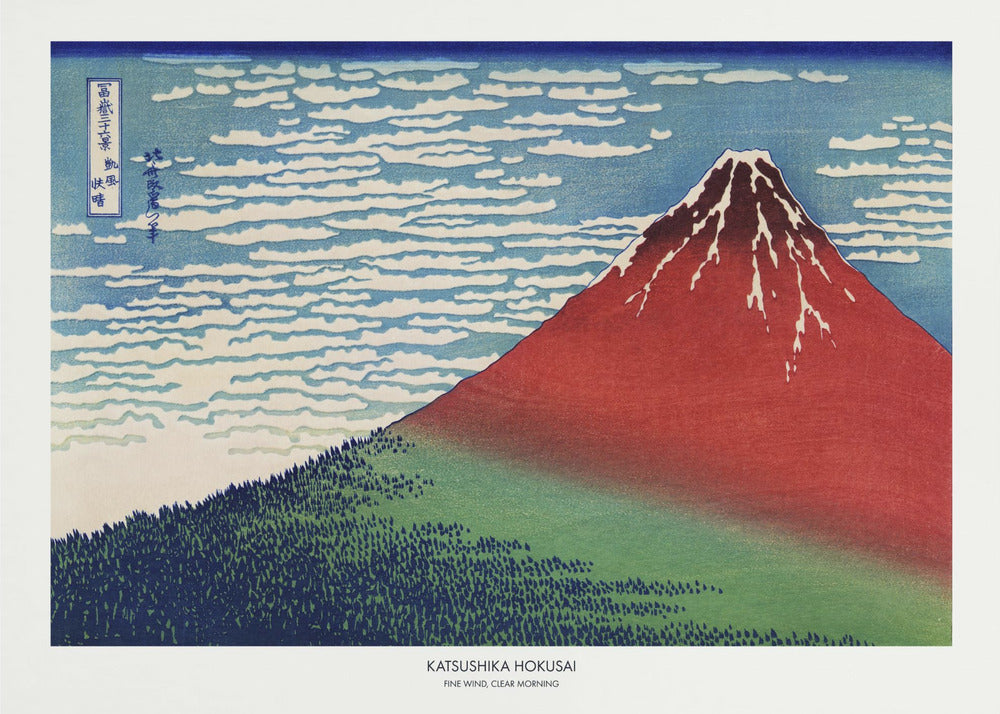 A framed Japanese woodblock print, 'Fine Wind, Clear Morning' by Katsushika Hokusai, also known as 'Red Fuji'. The print depicts a large, reddish-brown Mount Fuji with its peak lightly dusted with snow, set against a vibrant blue sky filled with white, streaky clouds. A dark green forest covers the base of the mountain. Poster
