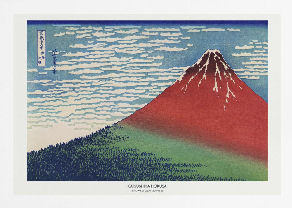 A framed Japanese woodblock print, 'Fine Wind, Clear Morning' by Katsushika Hokusai, also known as 'Red Fuji'. The print depicts a large, reddish-brown Mount Fuji with its peak lightly dusted with snow, set against a vibrant blue sky filled with white, streaky clouds. A dark green forest covers the base of the mountain. Poster