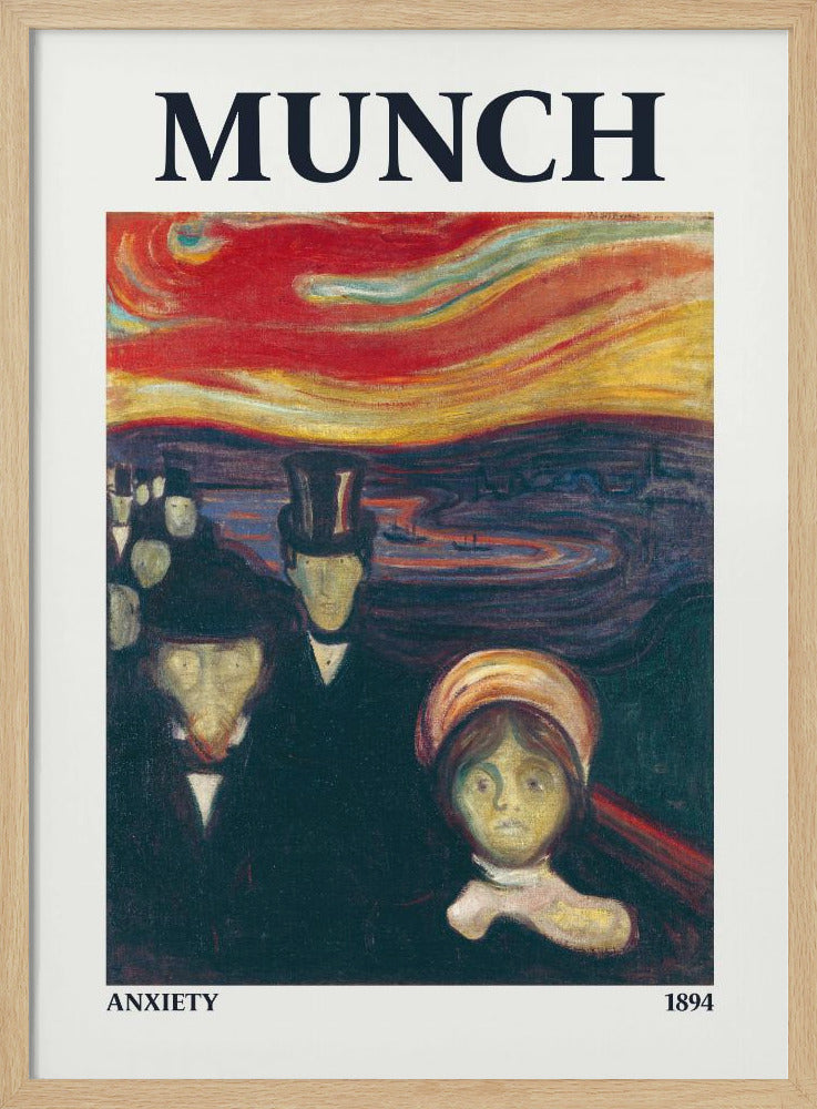 A poster for Edvard Munch's 1894 painting 'Anxiety'. It shows a crowd of ghostly, pale-faced figures in dark attire standing under a dramatic, swirling red and orange sky. The word 'MUNCH' is printed at the top, with 'ANXIETY' and '1894' at the bottom. Decor