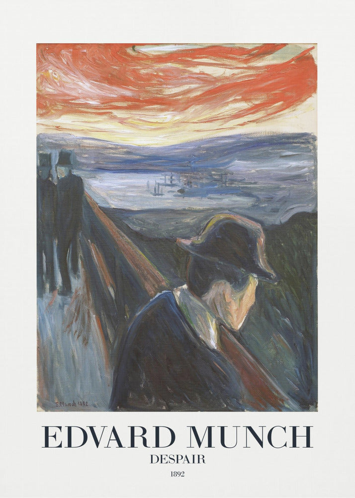 A framed art print of Edvard Munch's 1892 painting, 'Despair'. The expressionist artwork depicts a man in a dark coat and hat leaning over a bridge railing in profile, with a fiery red and orange sunset in the background. Below the image, text reads 'EDVARD MUNCH DESPAIR 1892'. Print