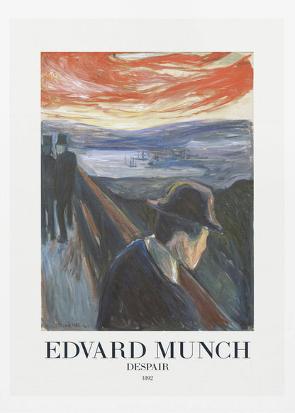 A framed art print of Edvard Munch's 1892 painting, 'Despair'. The expressionist artwork depicts a man in a dark coat and hat leaning over a bridge railing in profile, with a fiery red and orange sunset in the background. Below the image, text reads 'EDVARD MUNCH DESPAIR 1892'. Print