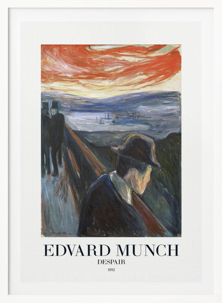 A framed art print of Edvard Munch's 1892 painting, 'Despair'. The expressionist artwork depicts a man in a dark coat and hat leaning over a bridge railing in profile, with a fiery red and orange sunset in the background. Below the image, text reads 'EDVARD MUNCH DESPAIR 1892'. Print