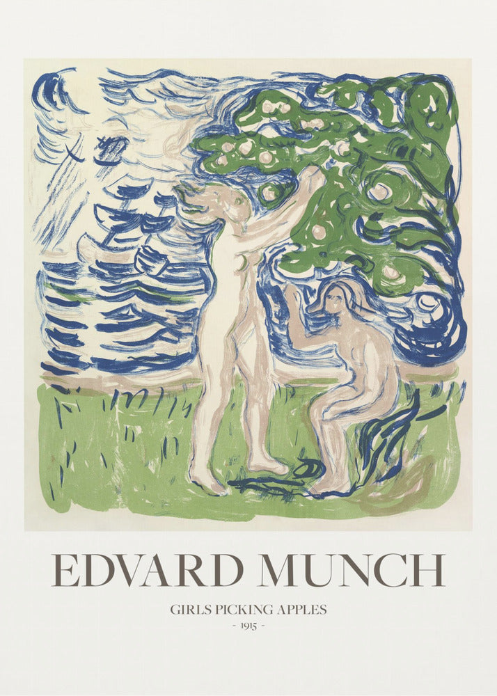 A framed poster of Edvard Munch's 1915 artwork, 'Girls Picking Apples'. The print features two nude women in a stylized landscape; one stands picking an apple from a tree, while the other sits. The art is rendered in expressive strokes of blue, green, and cream. Wall Art