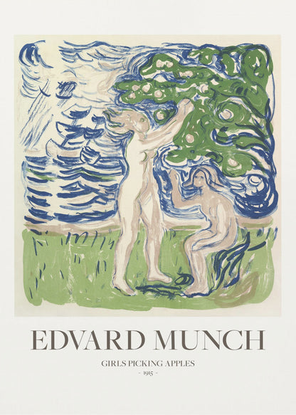 A framed poster of Edvard Munch's 1915 artwork, 'Girls Picking Apples'. The print features two nude women in a stylized landscape; one stands picking an apple from a tree, while the other sits. The art is rendered in expressive strokes of blue, green, and cream. Wall Art