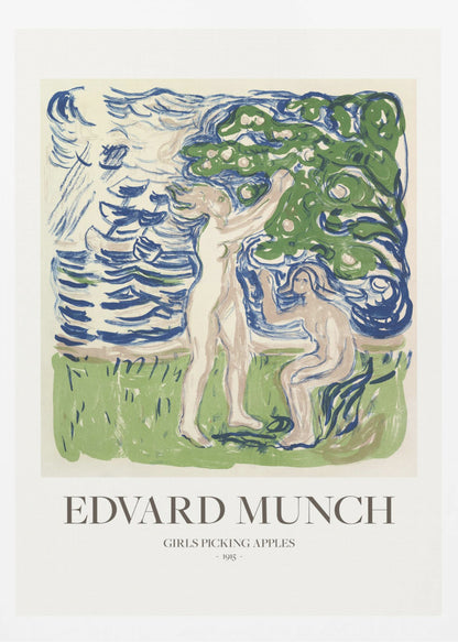 A framed poster of Edvard Munch's 1915 artwork, 'Girls Picking Apples'. The print features two nude women in a stylized landscape; one stands picking an apple from a tree, while the other sits. The art is rendered in expressive strokes of blue, green, and cream. Wall Art