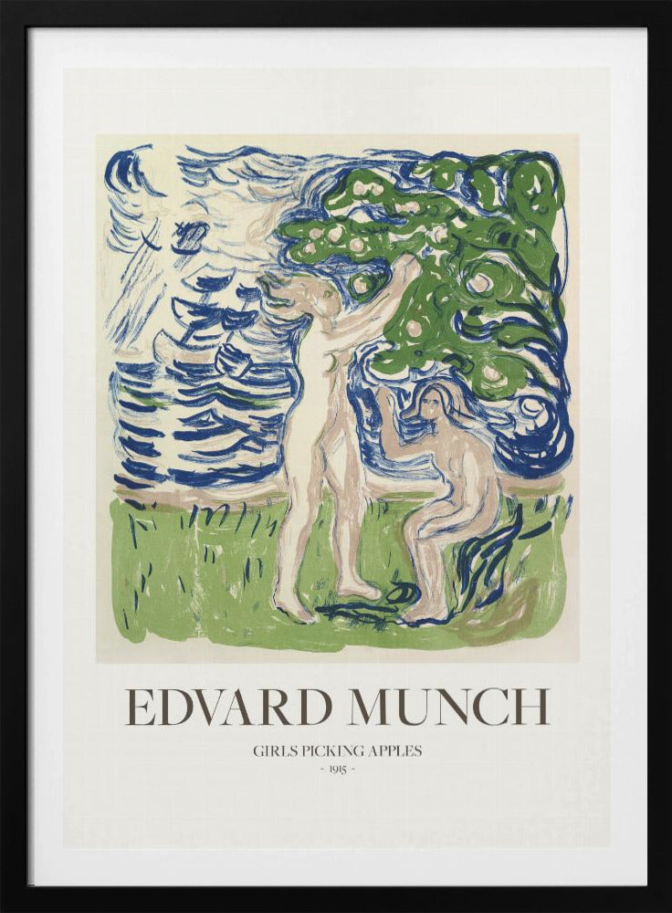 A framed poster of Edvard Munch's 1915 artwork, 'Girls Picking Apples'. The print features two nude women in a stylized landscape; one stands picking an apple from a tree, while the other sits. The art is rendered in expressive strokes of blue, green, and cream. Wall Art