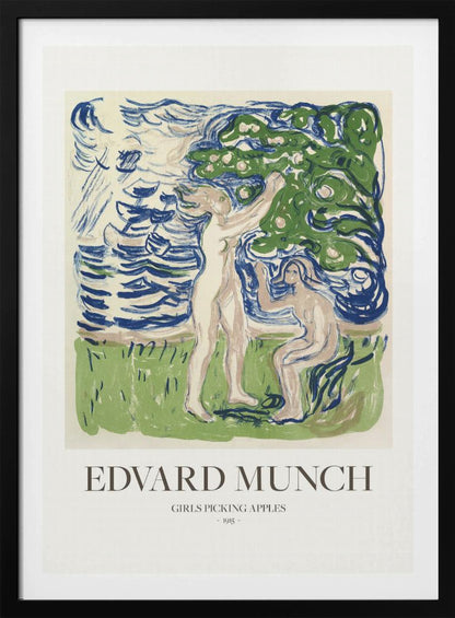 A framed poster of Edvard Munch's 1915 artwork, 'Girls Picking Apples'. The print features two nude women in a stylized landscape; one stands picking an apple from a tree, while the other sits. The art is rendered in expressive strokes of blue, green, and cream. Wall Art