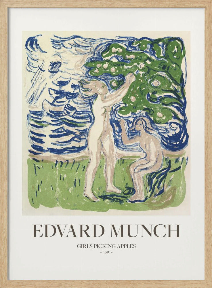 A framed poster of Edvard Munch's 1915 artwork, 'Girls Picking Apples'. The print features two nude women in a stylized landscape; one stands picking an apple from a tree, while the other sits. The art is rendered in expressive strokes of blue, green, and cream. Wall Art