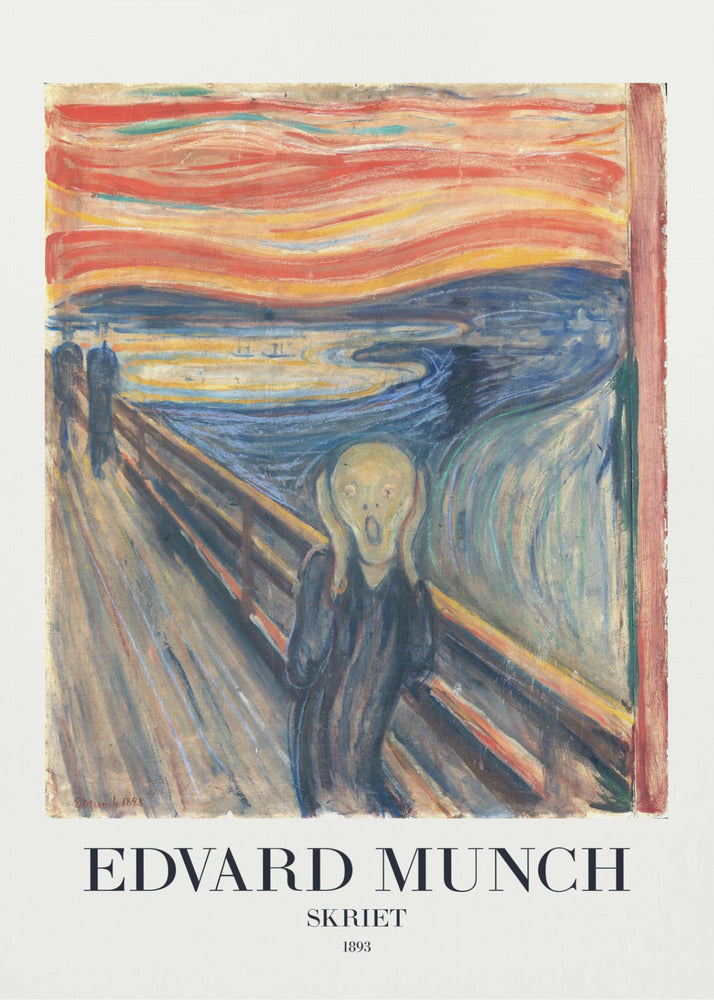 A framed poster of Edvard Munch's iconic 1893 painting 'The Scream' (Skriet). It depicts a figure with a look of anguish, hands clapped to its head, against a backdrop of a fiery, swirling orange and red sky over a dark blue fjord. The text 'EDVARD MUNCH', 'SKRIET', and '1893' is printed below the artwork. Poster