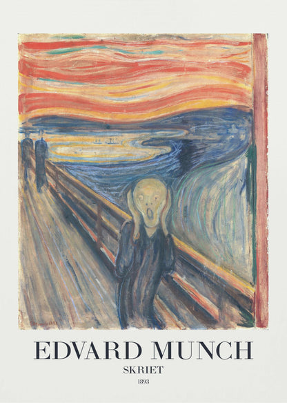 A framed poster of Edvard Munch's iconic 1893 painting 'The Scream' (Skriet). It depicts a figure with a look of anguish, hands clapped to its head, against a backdrop of a fiery, swirling orange and red sky over a dark blue fjord. The text 'EDVARD MUNCH', 'SKRIET', and '1893' is printed below the artwork. Poster