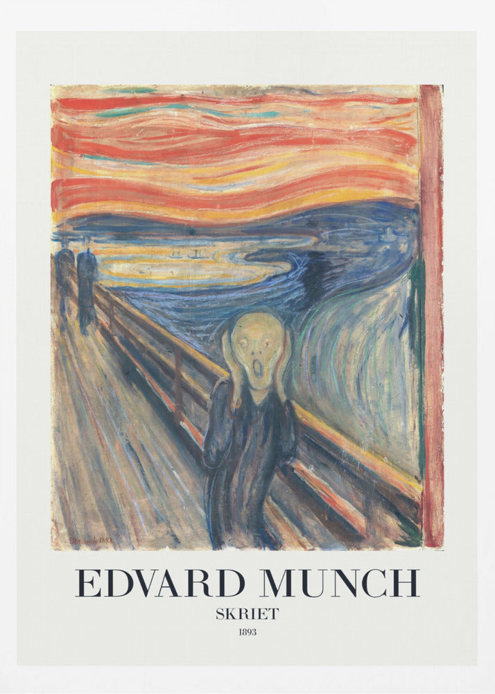 A framed poster of Edvard Munch's iconic 1893 painting 'The Scream' (Skriet). It depicts a figure with a look of anguish, hands clapped to its head, against a backdrop of a fiery, swirling orange and red sky over a dark blue fjord. The text 'EDVARD MUNCH', 'SKRIET', and '1893' is printed below the artwork. Poster