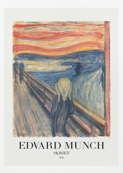 A framed poster of Edvard Munch's iconic 1893 painting 'The Scream' (Skriet). It depicts a figure with a look of anguish, hands clapped to its head, against a backdrop of a fiery, swirling orange and red sky over a dark blue fjord. The text 'EDVARD MUNCH', 'SKRIET', and '1893' is printed below the artwork. Poster