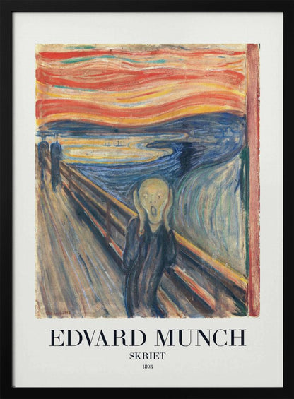 A framed poster of Edvard Munch's iconic 1893 painting 'The Scream' (Skriet). It depicts a figure with a look of anguish, hands clapped to its head, against a backdrop of a fiery, swirling orange and red sky over a dark blue fjord. The text 'EDVARD MUNCH', 'SKRIET', and '1893' is printed below the artwork. Poster