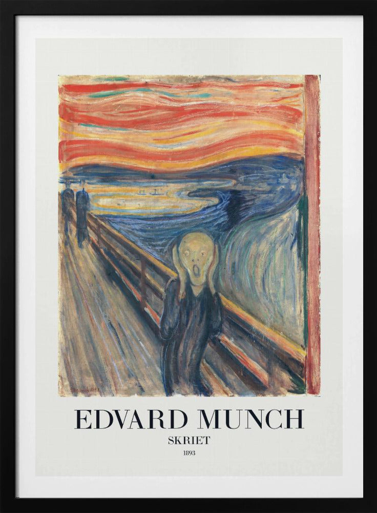 A framed poster of Edvard Munch's iconic 1893 painting 'The Scream' (Skriet). It depicts a figure with a look of anguish, hands clapped to its head, against a backdrop of a fiery, swirling orange and red sky over a dark blue fjord. The text 'EDVARD MUNCH', 'SKRIET', and '1893' is printed below the artwork. Poster