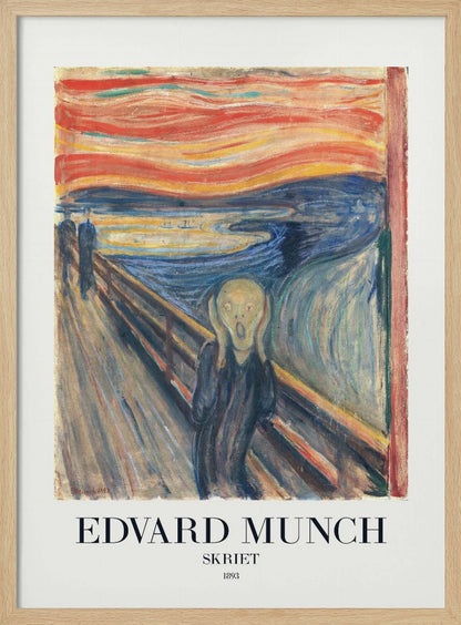 A framed poster of Edvard Munch's iconic 1893 painting 'The Scream' (Skriet). It depicts a figure with a look of anguish, hands clapped to its head, against a backdrop of a fiery, swirling orange and red sky over a dark blue fjord. The text 'EDVARD MUNCH', 'SKRIET', and '1893' is printed below the artwork. Poster