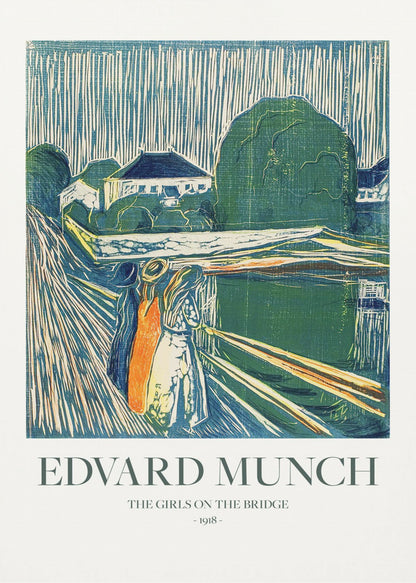 A framed poster of Edvard Munch's 1918 woodcut 'The Girls on the Bridge'. The expressionist artwork depicts three women on a bridge in a vibrant palette of green, blue, and orange, with a village scene in the background. Print