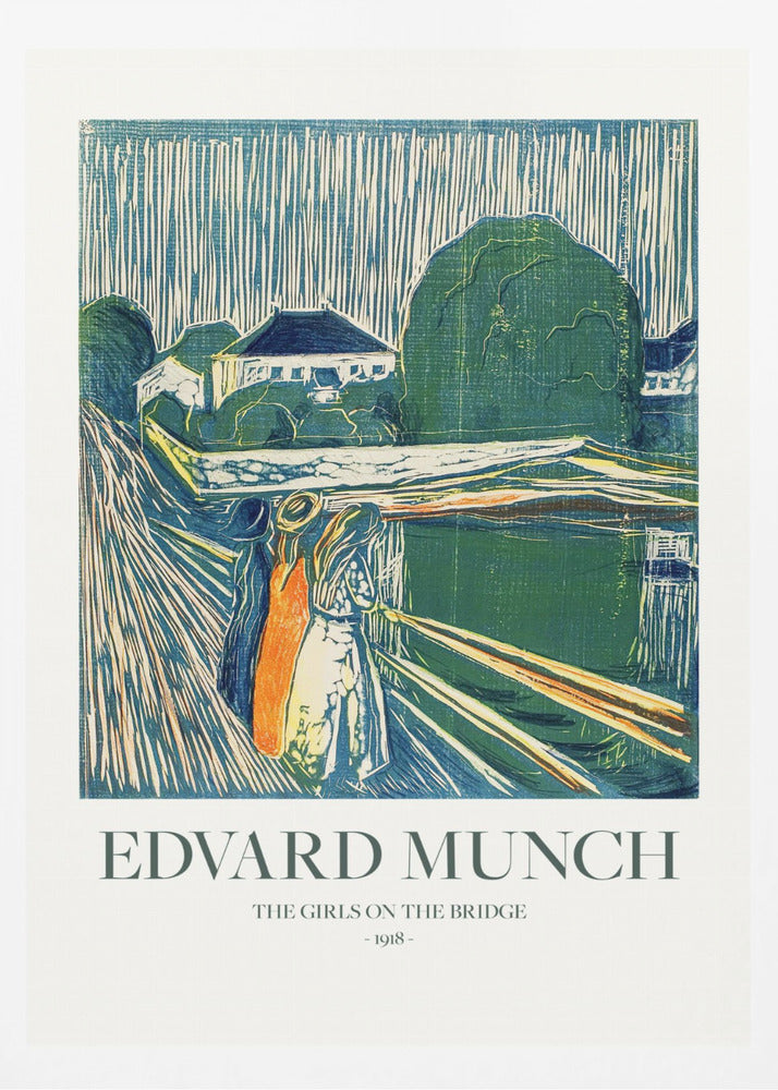 A framed poster of Edvard Munch's 1918 woodcut 'The Girls on the Bridge'. The expressionist artwork depicts three women on a bridge in a vibrant palette of green, blue, and orange, with a village scene in the background. Print
