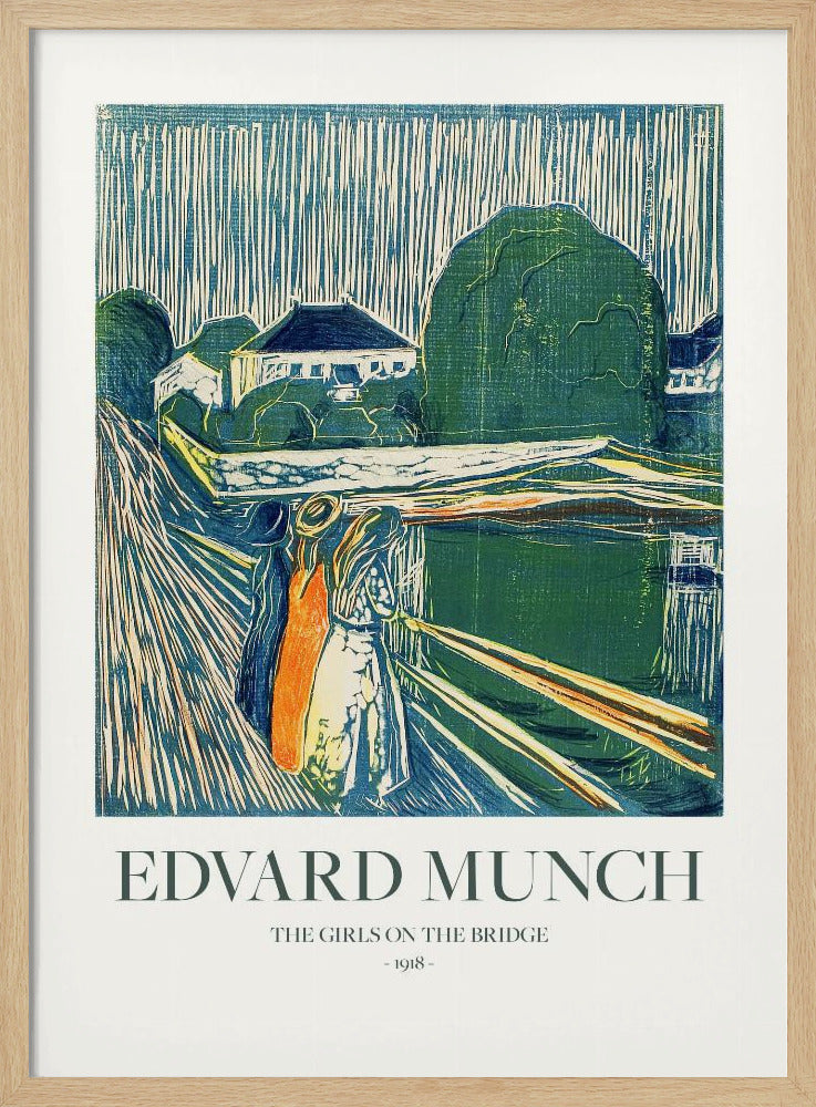 A framed poster of Edvard Munch's 1918 woodcut 'The Girls on the Bridge'. The expressionist artwork depicts three women on a bridge in a vibrant palette of green, blue, and orange, with a village scene in the background. Print