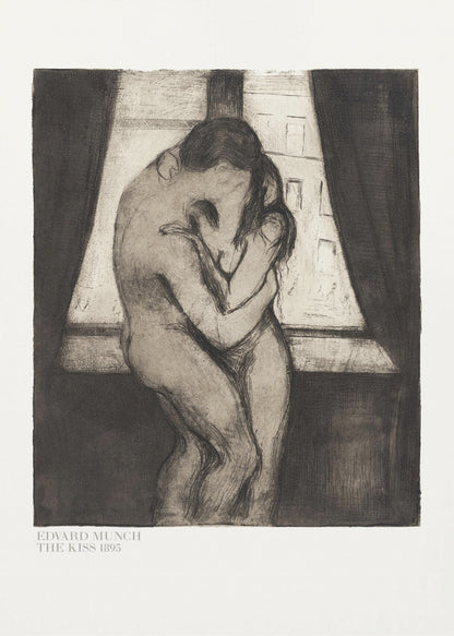 A framed black and white print of Edvard Munch's 1895 artwork, 'The Kiss.' It depicts two nude figures in a passionate embrace, their faces merging into one, standing before a window with dark curtains. Decor