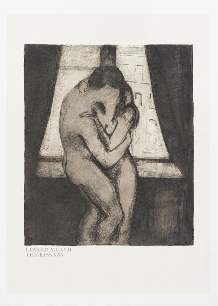 A framed black and white print of Edvard Munch's 1895 artwork, 'The Kiss.' It depicts two nude figures in a passionate embrace, their faces merging into one, standing before a window with dark curtains. Decor