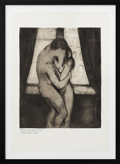 A framed black and white print of Edvard Munch's 1895 artwork, 'The Kiss.' It depicts two nude figures in a passionate embrace, their faces merging into one, standing before a window with dark curtains. Decor