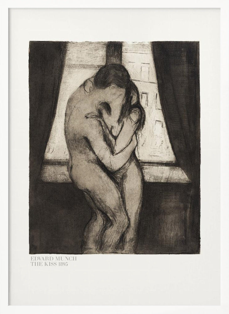 A framed black and white print of Edvard Munch's 1895 artwork, 'The Kiss.' It depicts two nude figures in a passionate embrace, their faces merging into one, standing before a window with dark curtains. Decor