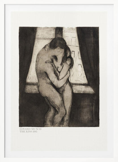 A framed black and white print of Edvard Munch's 1895 artwork, 'The Kiss.' It depicts two nude figures in a passionate embrace, their faces merging into one, standing before a window with dark curtains. Decor
