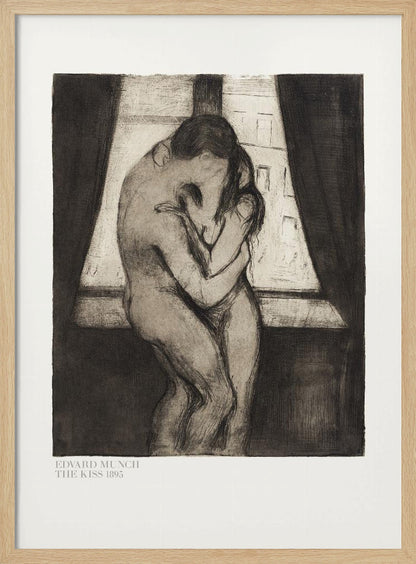 A framed black and white print of Edvard Munch's 1895 artwork, 'The Kiss.' It depicts two nude figures in a passionate embrace, their faces merging into one, standing before a window with dark curtains. Decor