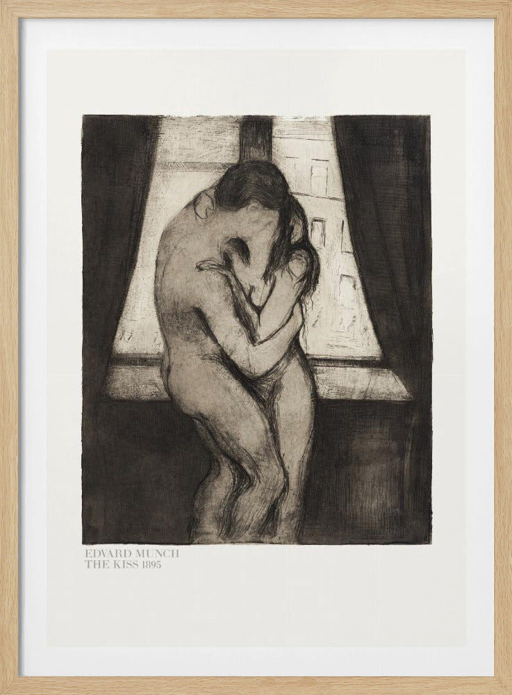 A framed black and white print of Edvard Munch's 1895 artwork, 'The Kiss.' It depicts two nude figures in a passionate embrace, their faces merging into one, standing before a window with dark curtains. Decor