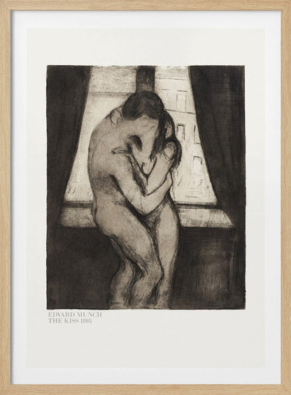 A framed black and white print of Edvard Munch's 1895 artwork, 'The Kiss.' It depicts two nude figures in a passionate embrace, their faces merging into one, standing before a window with dark curtains. Decor