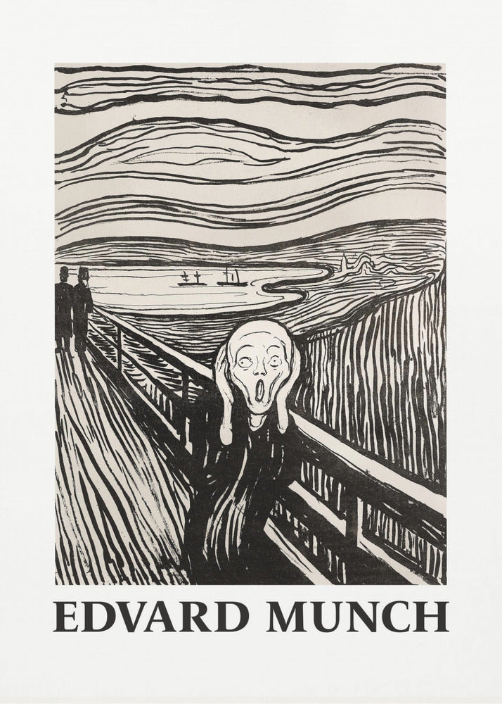 A black and white print of Edvard Munch's 'The Scream' in a black frame. The iconic artwork features a tormented figure on a bridge, screaming with hands to its head, under a swirling sky. The artist's name, 'EDVARD MUNCH', is printed below the image. Artwork