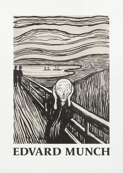 A black and white print of Edvard Munch's 'The Scream' in a black frame. The iconic artwork features a tormented figure on a bridge, screaming with hands to its head, under a swirling sky. The artist's name, 'EDVARD MUNCH', is printed below the image. Artwork