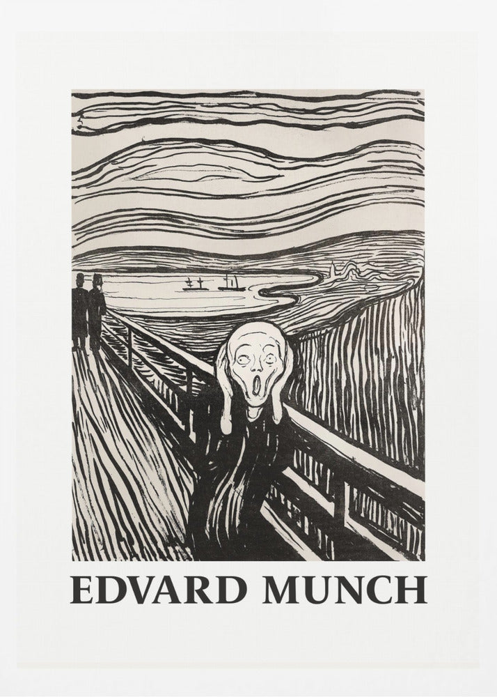 A black and white print of Edvard Munch's 'The Scream' in a black frame. The iconic artwork features a tormented figure on a bridge, screaming with hands to its head, under a swirling sky. The artist's name, 'EDVARD MUNCH', is printed below the image. Artwork