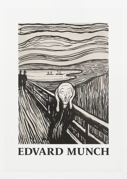 A black and white print of Edvard Munch's 'The Scream' in a black frame. The iconic artwork features a tormented figure on a bridge, screaming with hands to its head, under a swirling sky. The artist's name, 'EDVARD MUNCH', is printed below the image. Artwork