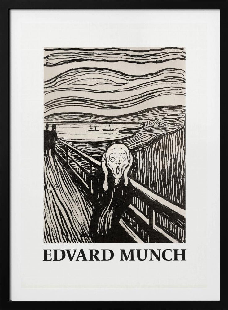 A black and white print of Edvard Munch's 'The Scream' in a black frame. The iconic artwork features a tormented figure on a bridge, screaming with hands to its head, under a swirling sky. The artist's name, 'EDVARD MUNCH', is printed below the image. Artwork
